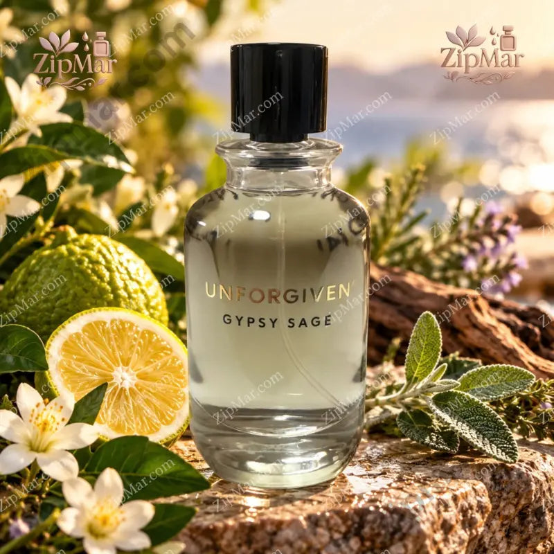 Unforgiven Gypsy Sage EDP 100 mL clear apothecary bottle Mediterranean coastal lifestyle with bergamot sage jasmine and driftwood