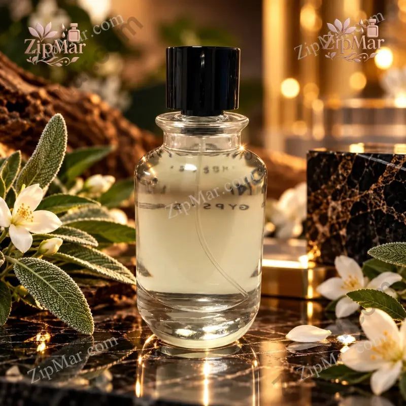 Unforgiven Gypsy Sage EDP 3.3 oz clear round apothecary bottle lifestyle mirror reflection with sage and jasmine