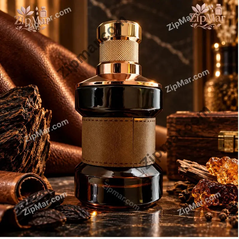Vamos Leather eau de parfum bottle with dark glass, gold textured collar and tan leather look band