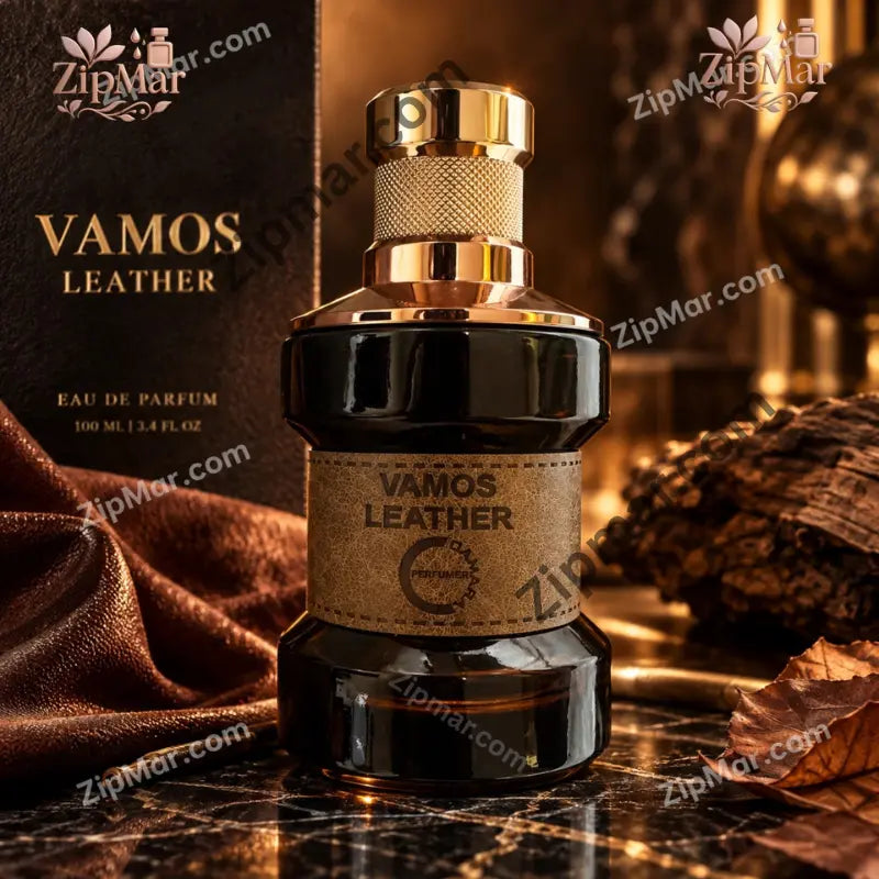 Vamos Leather eau de parfum 3.4 fl oz bottle with front label and black and gold box