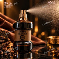 Thumbnail for Vamos Leather eau de parfum bottle spraying a fine mist from the gold spray cap