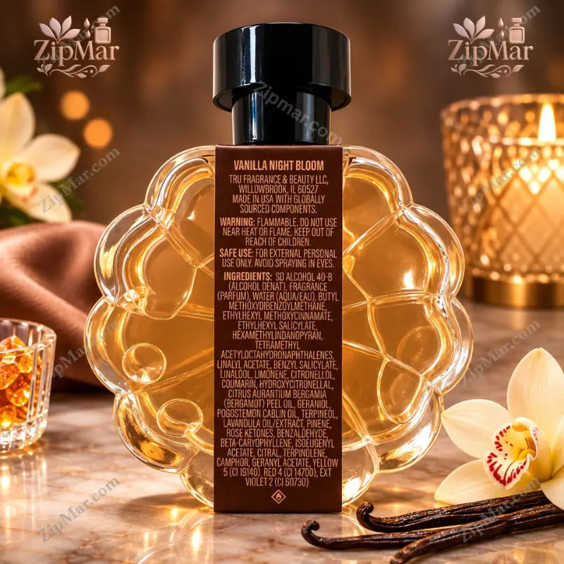 Vanilla Night Bloom Eau de Parfum flower shaped bottle back label with ingredients and Tru Fragrance and Beauty distributor