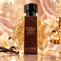 Thumbnail for Vanilla Night Bloom Eau de Parfum 70 mL amber flower shaped glass bottle with black cap on a marble surface