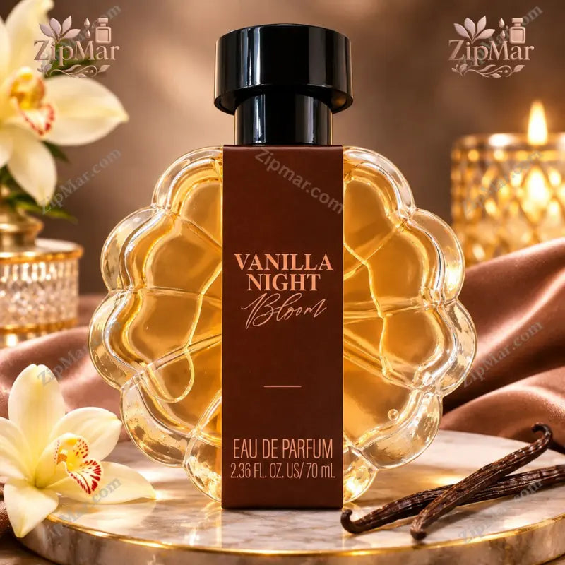 Vanilla Night Bloom Eau de Parfum 2.36 fl oz 70 mL flower shaped bottle with black cap and brown label strip