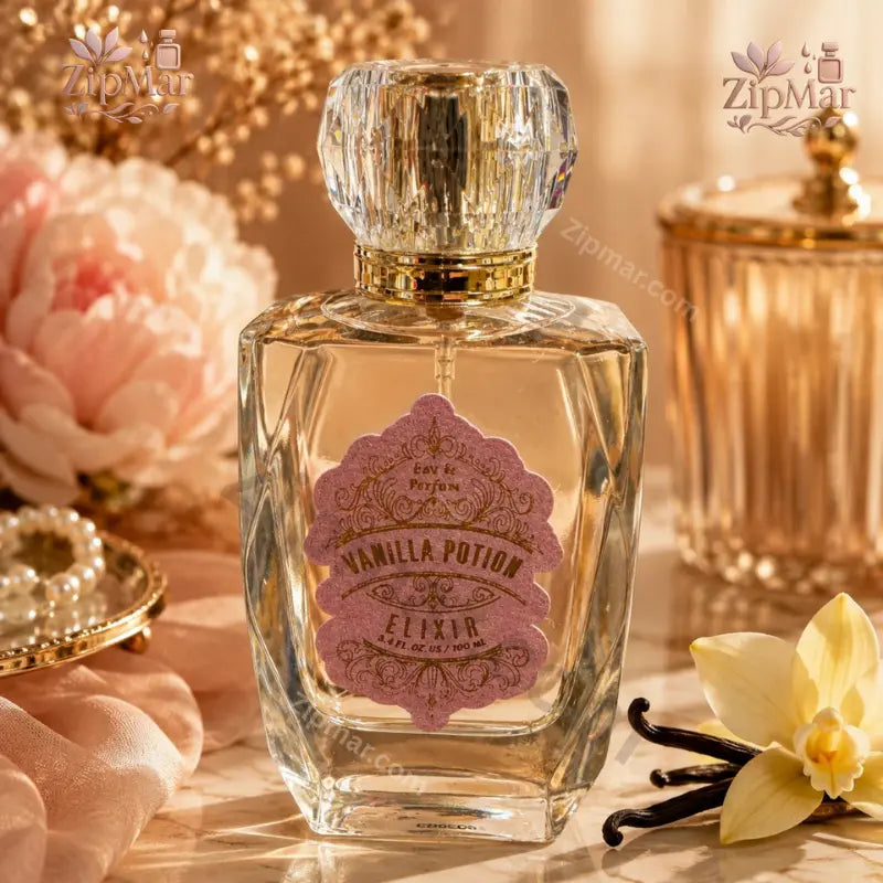 Vanilla Potion Elixir Eau de Parfum bottle with pink scalloped label, gold collar and faceted cap