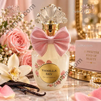Thumbnail for Vanilla Sky eau de parfum 100 ml front with gold label, rose decals and pink satin bow”