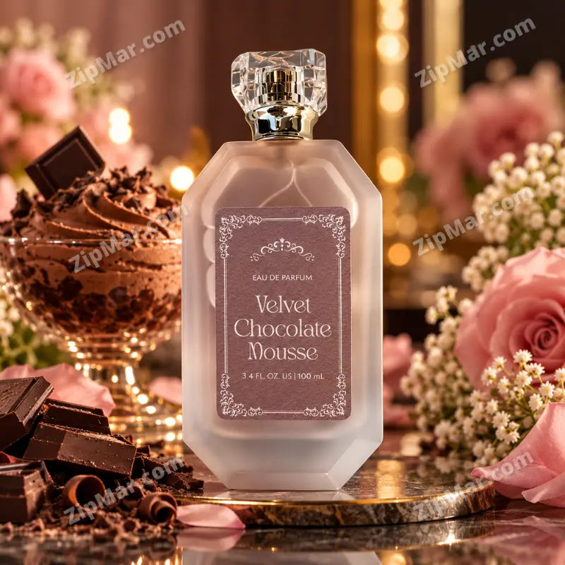 Front view of Velvet Chocolate Mousse Eau de Parfum frosted glass bottle with jewel cap and chocolate pieces