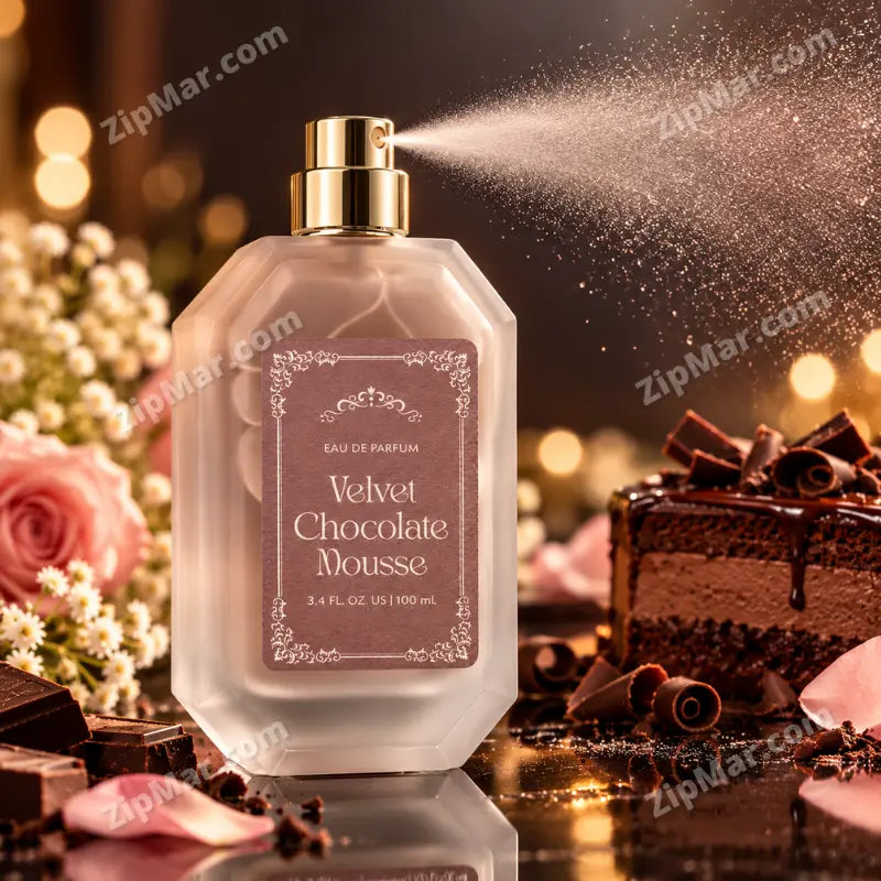 Velvet Chocolate Mousse Eau de Parfum 3.4 fl oz bottle spraying mist next to a slice of dark chocolate cake