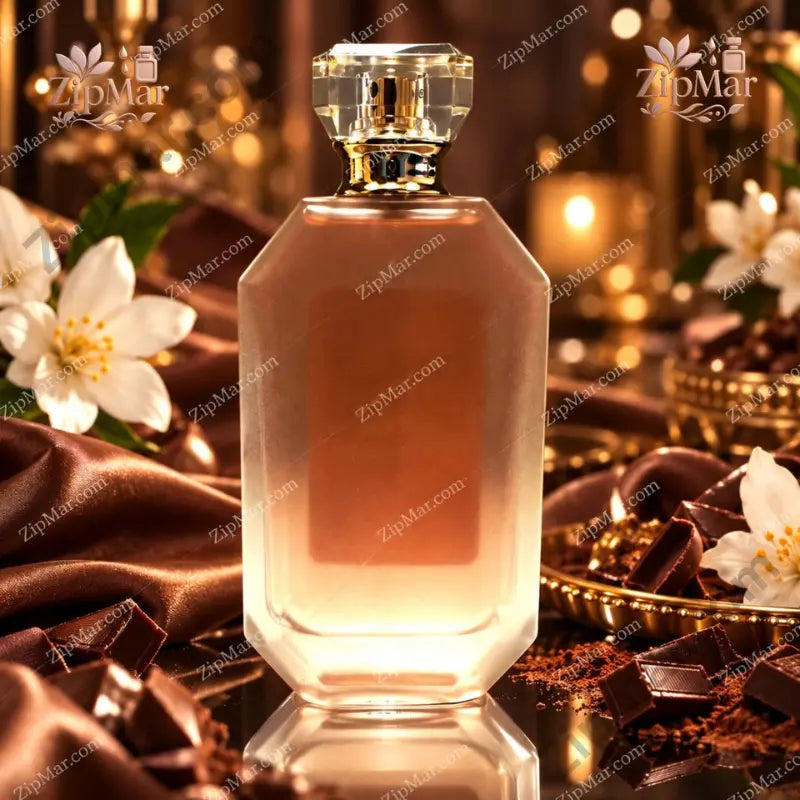 Velvet Chocolate Mousse Eau de Parfum bottle surrounded by jasmine flowers, chocolate pieces, cocoa powder and gold candles rich gourmand fragrance mood shot