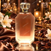 Thumbnail for Velvet Chocolate Mousse Eau de Parfum bottle surrounded by jasmine flowers, chocolate pieces, cocoa powder and gold candles rich gourmand fragrance mood shot