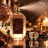 Thumbnail for Velvet Chocolate Mousse EDP spray in action — frosted bottle with gold sprayer, cap removed, label clearly showing Eau de Parfum 3.4 fl oz / 100 mL