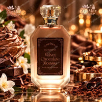 Thumbnail for Tru Fragrance & Beauty Velvet Chocolate Mousse Eau de Parfum 3.4 oz in frosted octagonal bottle with crystal cap, surrounded by chocolate and jasmine flowers