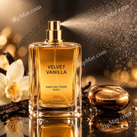 Thumbnail for Velvet Vanilla Eau de Parfum Pour Femme by Parfums Terre Paris clear glass bottle spraying mist, surrounded by vanilla beans and white orchid, warm gold bokeh background