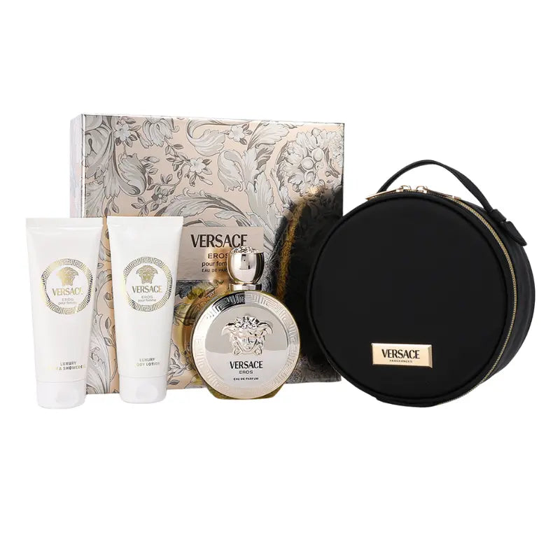 Full Versace Eros Pour Femme 4-piece gift set showing baroque gift box, EDP bottle, shower gel, body lotion and black makeup case