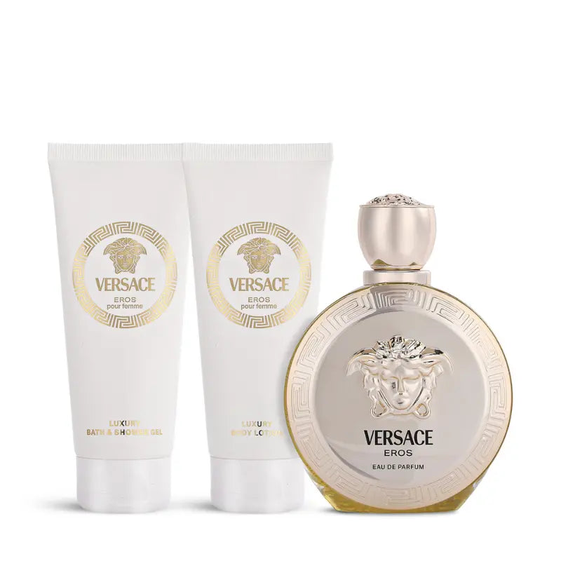 Versace Eros Pour Femme 100ml Eau de Parfum with luxury bath shower gel and body lotion bottles