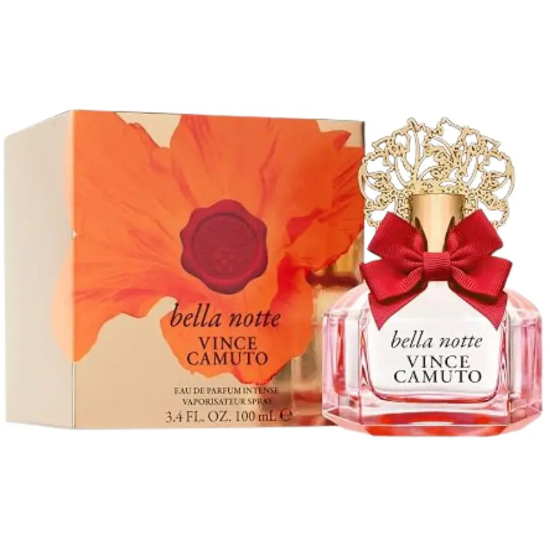 Vince Camuto Bella Notte Eau de Parfum Intense 3.4 fl oz bottle with red ribbon bow standing next to original gold floral box
