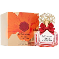 Thumbnail for Vince Camuto Bella Notte Eau de Parfum Intense 3.4 fl oz bottle with red ribbon bow standing next to original gold floral box