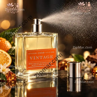 Thumbnail for Vintage 1956 eau de cologne 3.4 fl oz 100 ml clear glass bottle with orange label and silver atomizer, spraying a fine mist beside the silver cap