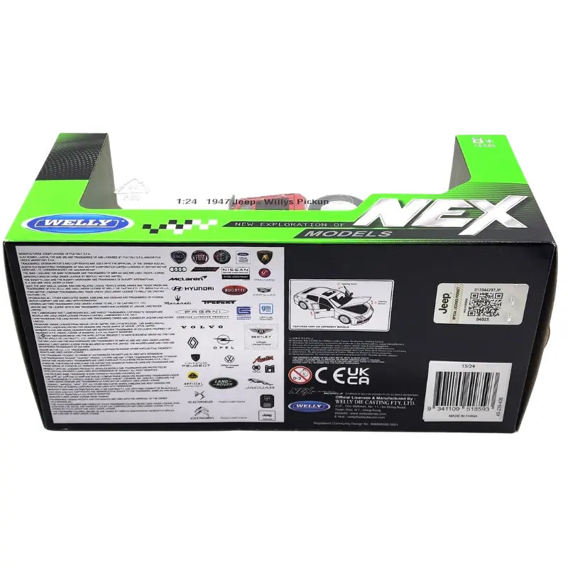 Back of Welly NEX packaging showing UPC barcode and licensing info for Jeep Willys Pickup