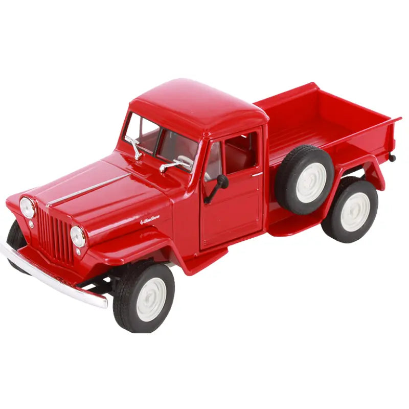 Side view of Welly NEX 1947 Jeep Willys Pickup red diecast truck