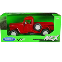 Thumbnail for Three quarter front view of Welly 1947 Jeep Willys Pickup red diecast model