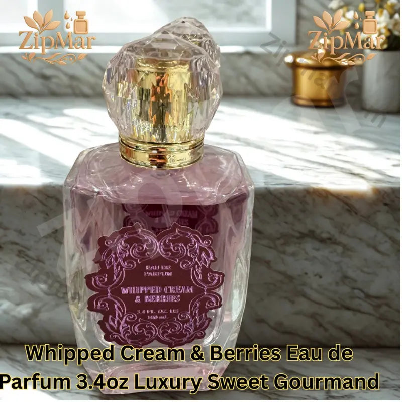 Whipped Cream and Berries Eau de Parfum bottle with burgundy label, gold collar and faceted crystal style cap