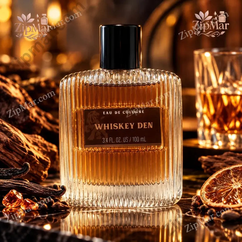 Whiskey Den Eau de Cologne label 3.4 FL. OZ. / 100 mL, lion emblem, Tru Fragrance & Beauty, ribbed clear glass bottle with black cap