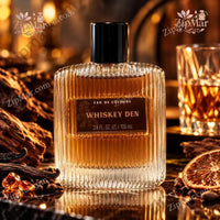 Thumbnail for Whiskey Den Eau de Cologne label 3.4 FL. OZ. / 100 mL, lion emblem, Tru Fragrance & Beauty, ribbed clear glass bottle with black cap