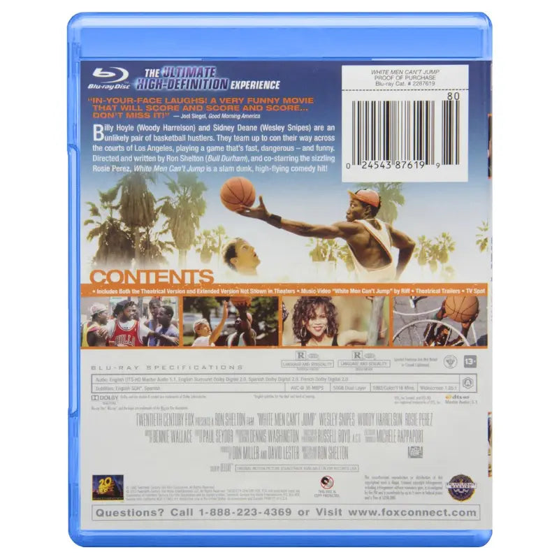 White Men Can't Jump 1992 Blu-ray back cover showing special features contents and Twentieth Century Fox branding
