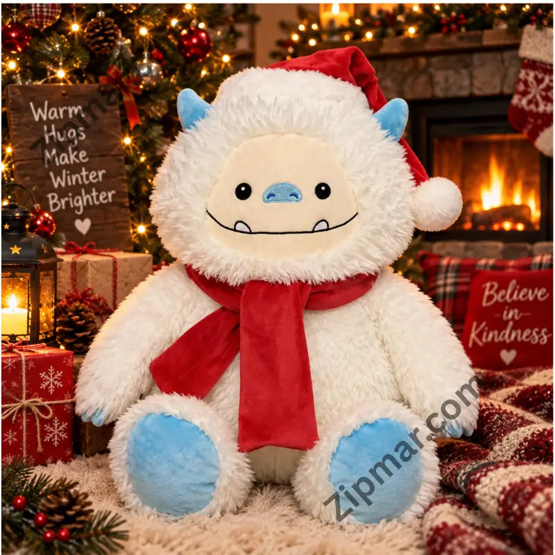 White yeti Christmas plush with Santa hat and red scarf sitting by a decorated fireplace