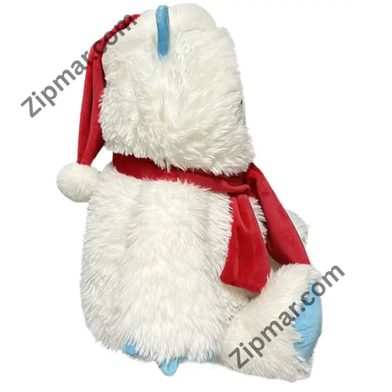 Back side view of white yeti plush with red Santa hat and pom pom