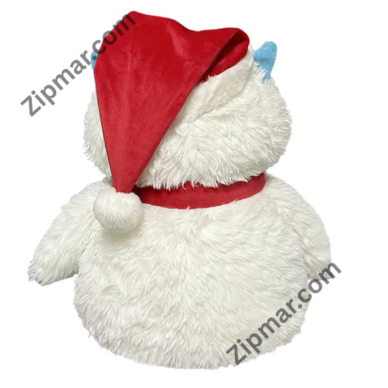 Back of white yeti Christmas plush with red Santa hat and shaggy white fur