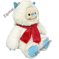 Thumbnail for White fluffy yeti plush with red scarf and blue nose, angled side view