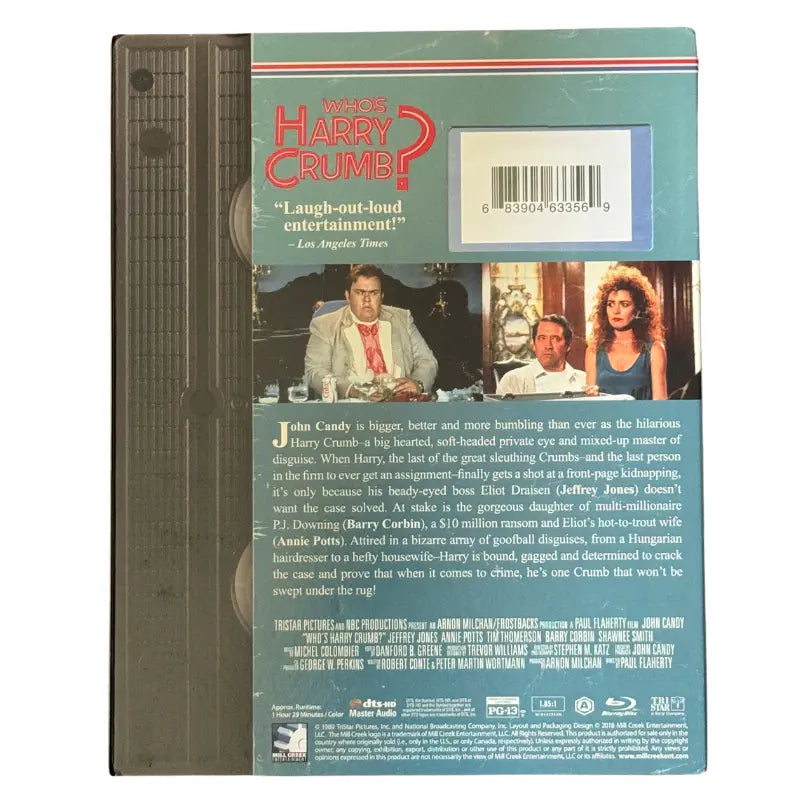 Back cover of Whos Harry Crumb Blu-ray showing synopsis, cast, and UPC barcode