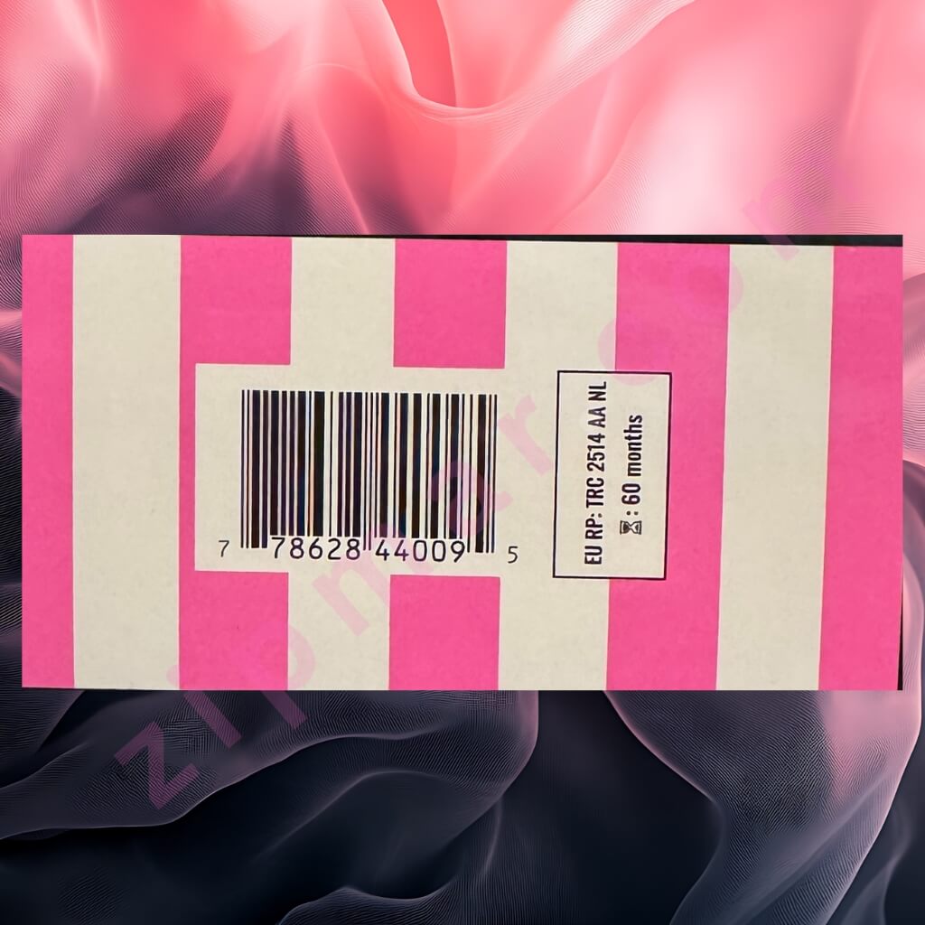 Product packaging with pink and white striped design, barcode, and text on a soft pink and purple background.