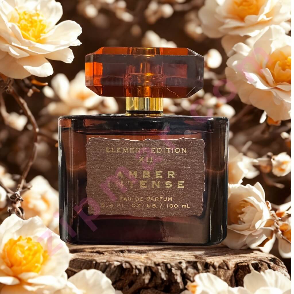 Amber Intense perfume bottle with flowers in the background