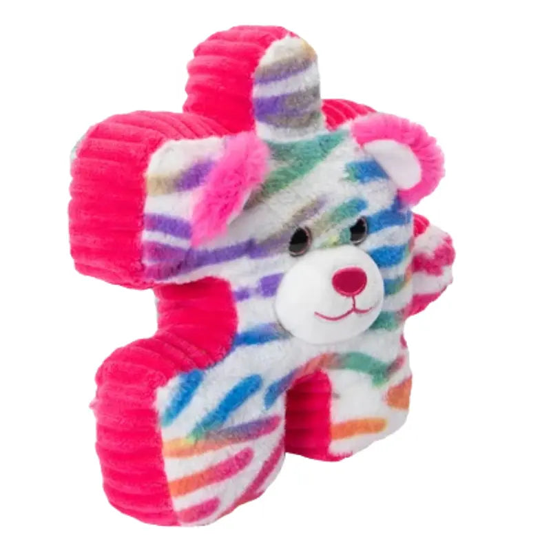 Side angle view of YooZoo Puzzlez Bailey Rainbow Tiger plush