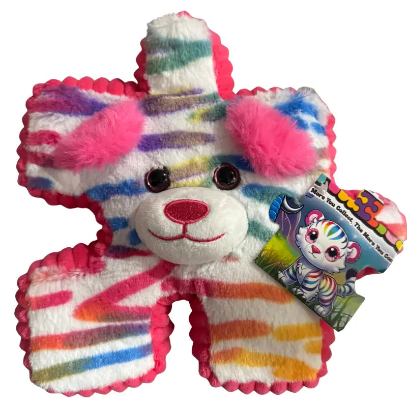 YooZoo Puzzlez Bailey Rainbow Tiger plush front displaying puzzle piece graphic hangtag