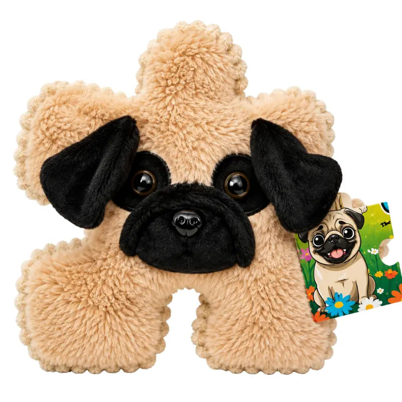 YooZoo Puzzlez Brisket the Pug puzzle-shaped plush with illustrated character tag