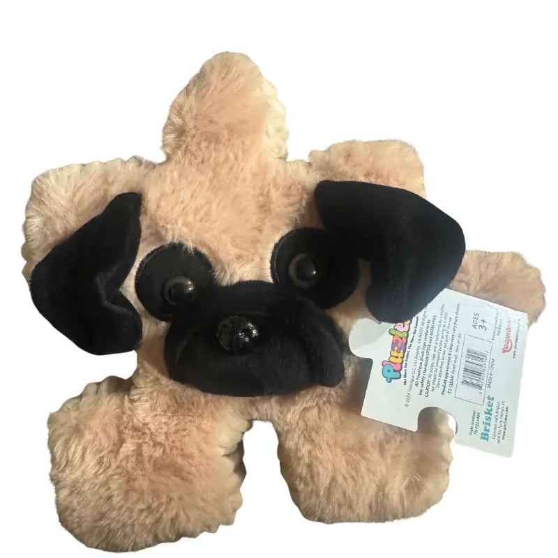 Front view of YooZoo Puzzlez Brisket Pug plush with manufacturer hanging tag