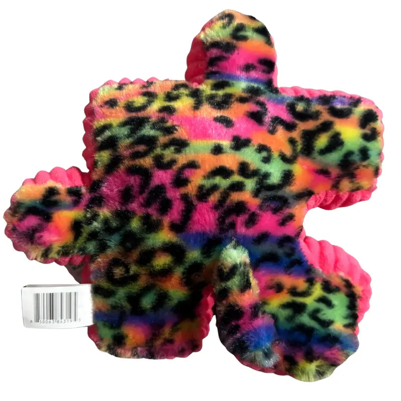 Back view of YooZoo Puzzlez Kora Rainbow Leopard plush showing tail and UPC barcode tush tag