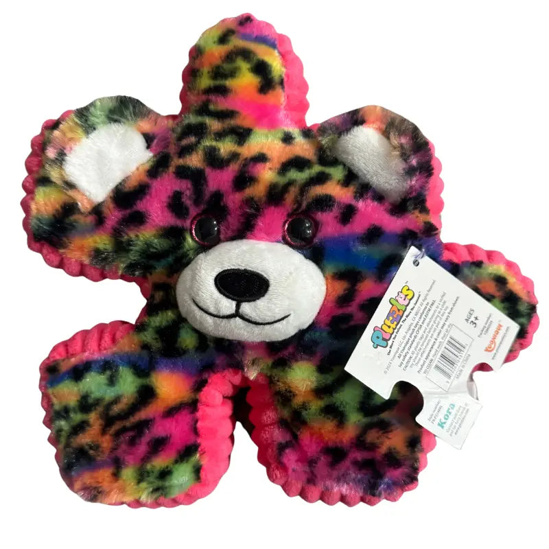 YooZoo Puzzlez Kora Rainbow Leopard plush displaying puzzle-shaped hangtag showing style number PA-P224087