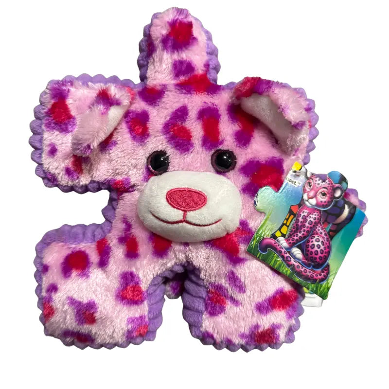YooZoo Puzzlez Pink Leopard Layla connectable puzzle plush front view with graphic hangtag
