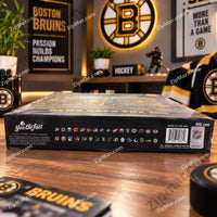 Thumbnail for YouTheFan Boston Bruins Game Day at the Zoo puzzle box back panel — NHL officially licensed all-team logos strip — Made in the USA — barcode and product info — Milwaukee WI manufacturer details