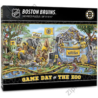 Thumbnail for YouTheFan Boston Bruins Game Day at the Zoo 500-piece puzzle box displayed in Boston Bruins themed fan room — black and gold decor with hockey memorabilia — NHL licensed Bruins fan gift lifestyle shot