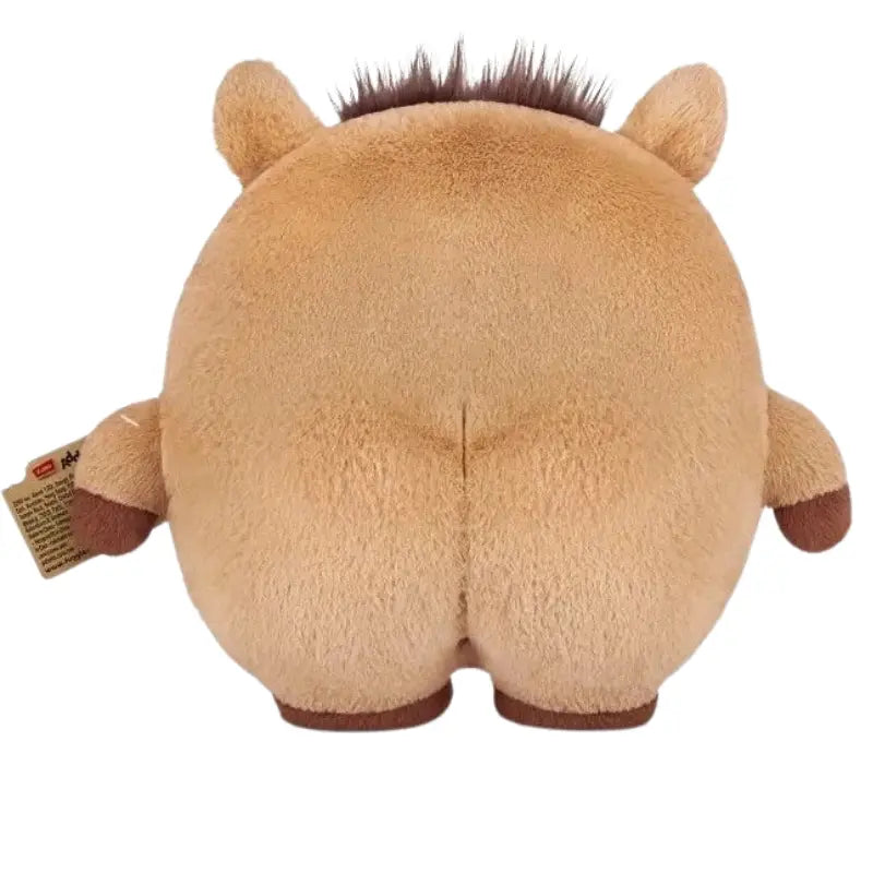Rear view of tan capybara plush showing dark mane hair, ears, and Fuggler seam detailing