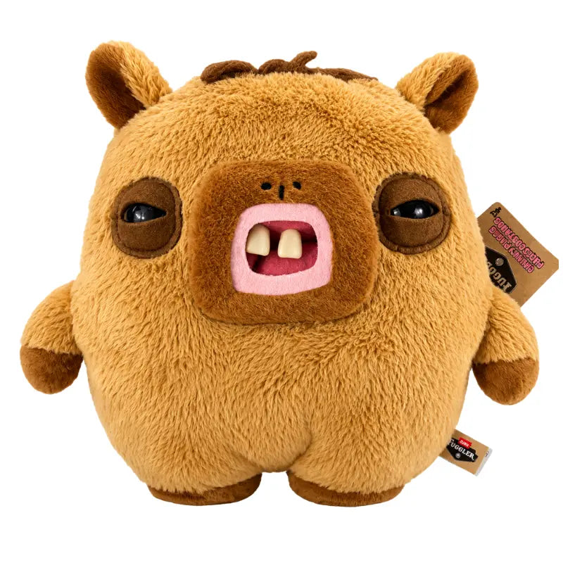 Studio front view of Zuru Fuggler Chunky Fuggs Cap'n Blathering Barry capybara plush with buck teeth and pink mouth