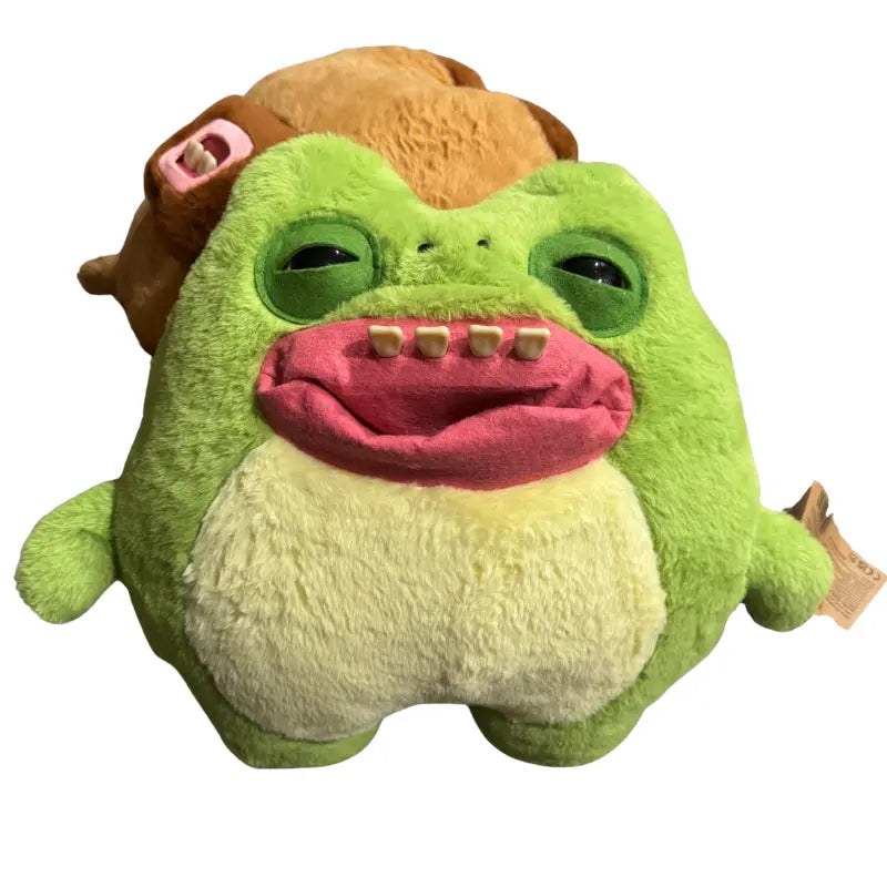 Front view of Zuru Fuggler Chunky Fuggs Funky Frogington green frog plush showing teeth and eyes