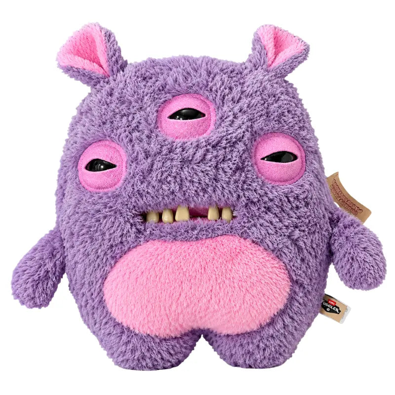 Studio front view of Zuru Fuggler Chunky Fuggs purple 3-eyed monster plush with human-like teeth