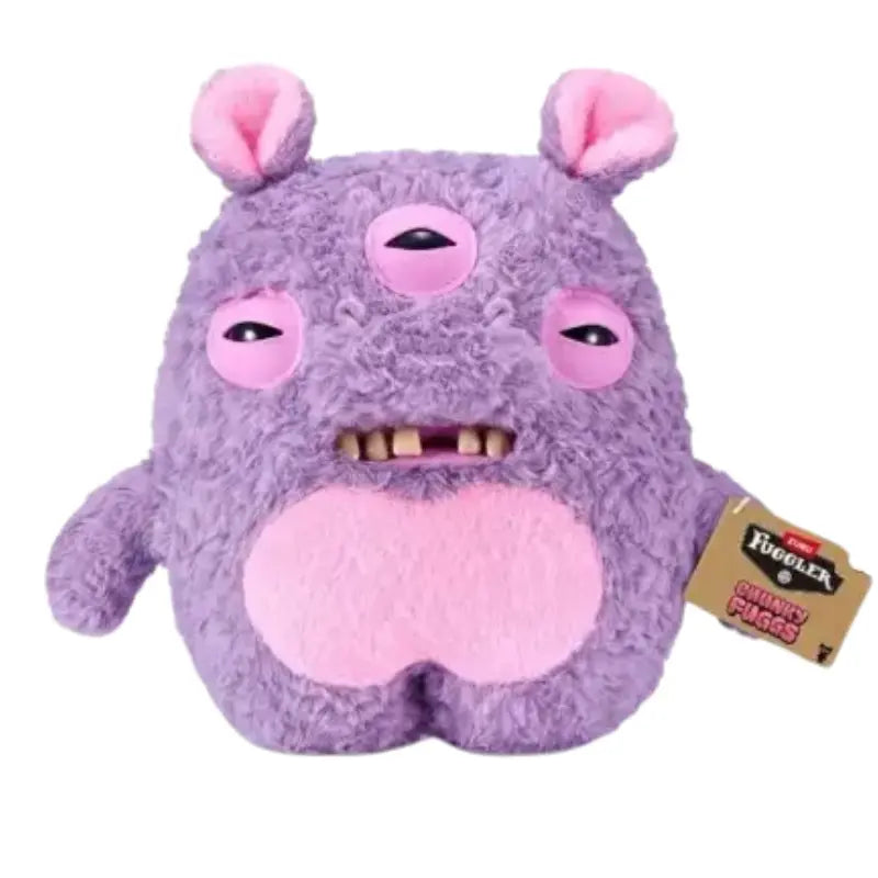 Front view of purple three-eyed Chunky Fuggs monster displaying attached hangtag
